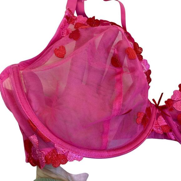 Love Vera 42C Embroidered Heart Strappy Underwire Mesh Bra Balconette Pink Red - Picture 11 of 16